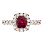 Rose Gold Cushion Cut Ruby Halo Ring with Diamond Band