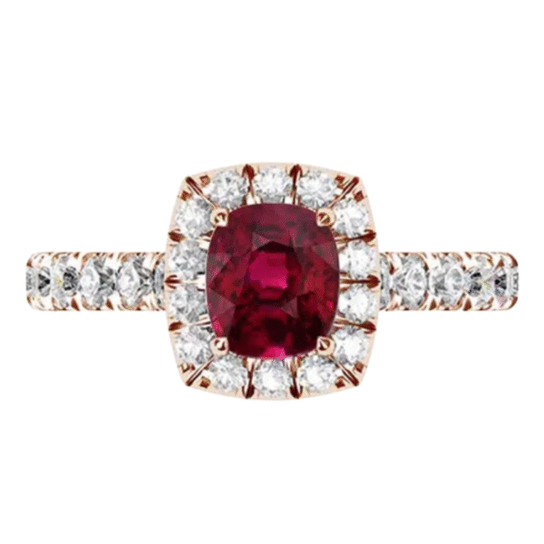 Rose Gold Cushion Cut Ruby Halo Ring with Diamond Band - Image 1