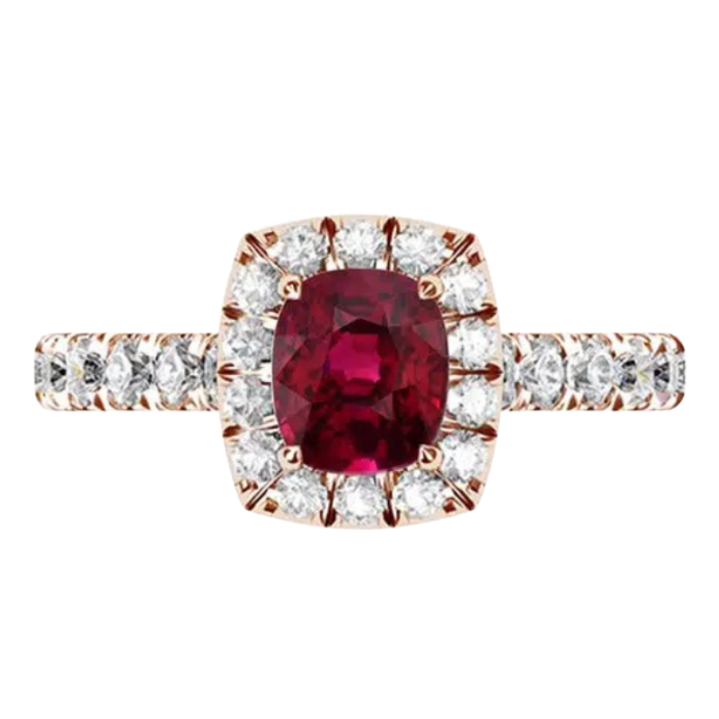 Products (11) Rose Gold Cushion Cut Ruby Halo Ring with Diamond Band - Image 1